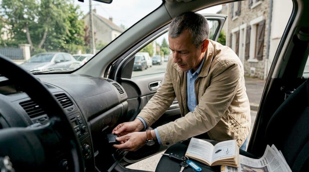 Un homme pose un traceur GPS dans une voiture garée en zone résidentielle.