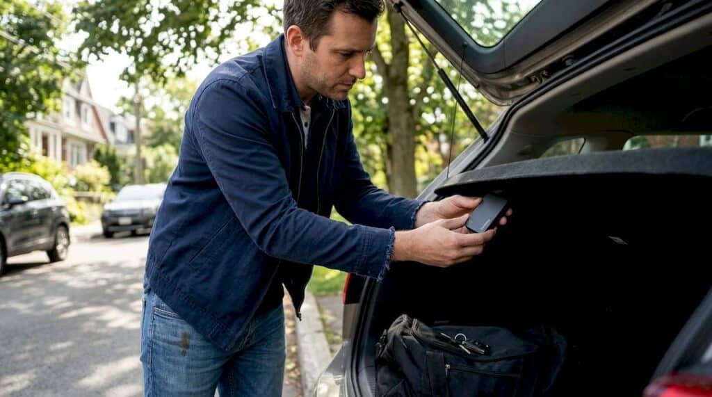 Un homme en train de poser un traceur GPS dans le coffre d’une voiture.