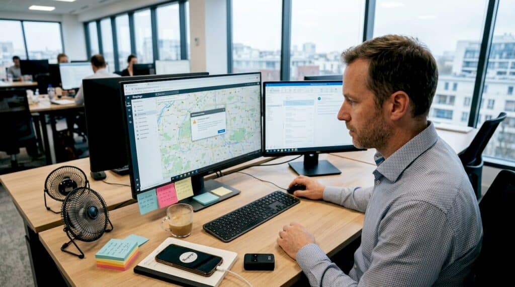 Un responsable suit en temps réel la position GPS sur son ordinateur.