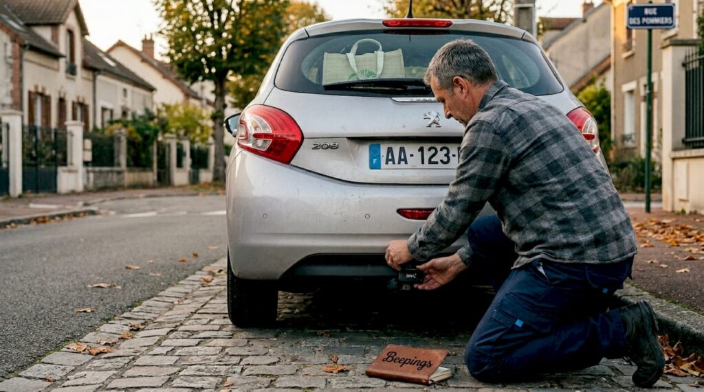 Une personne en train de fixer discrètement un traceur GPS sous une voiture.