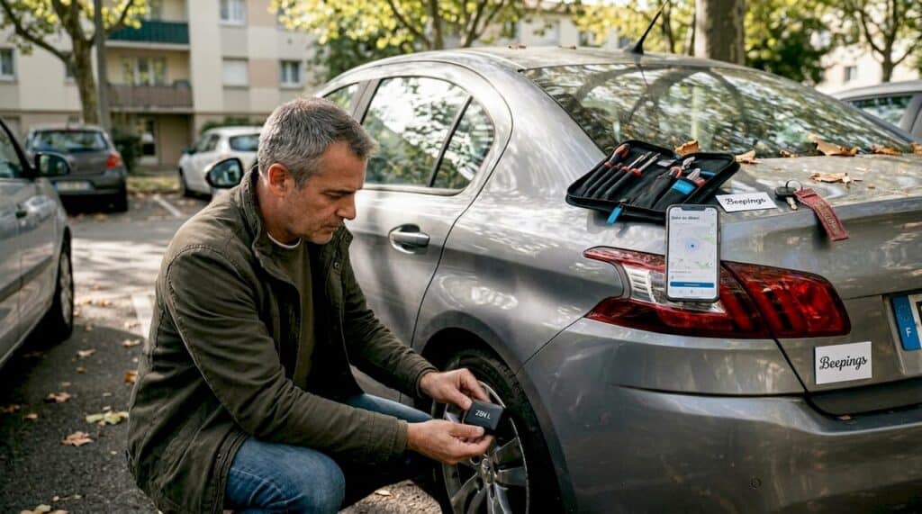 Un homme installe un traceur GPS sous une voiture sur un parking.