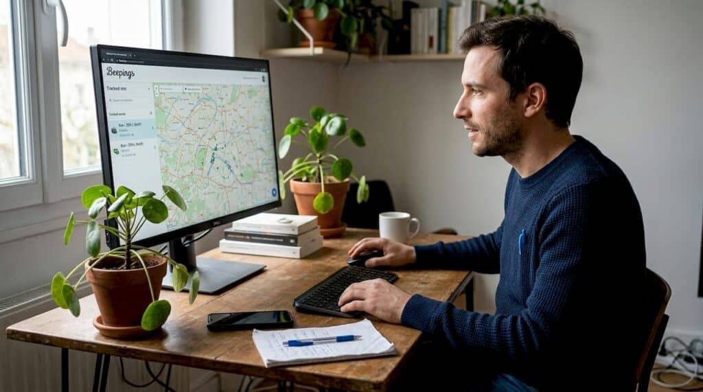 Un collaborateur consulte une carte GPS depuis son poste de travail.