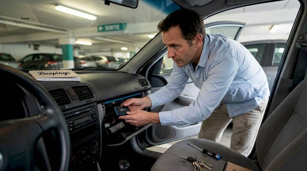 Un homme contrôle le fonctionnement du GPS installé dans sa voiture.