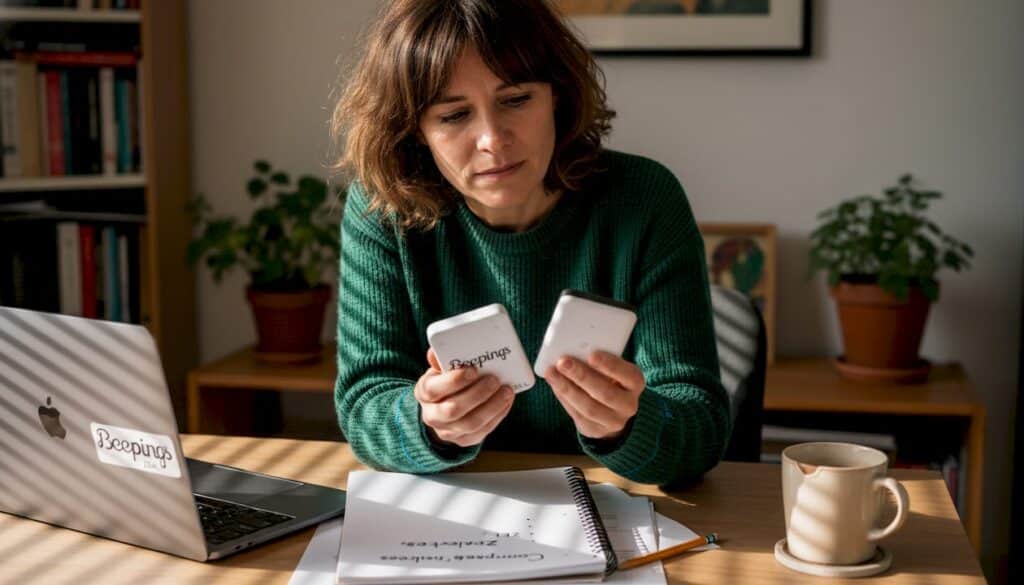 Assise à son bureau, une femme examine et compare différents modèles de traceurs GPS, cherchant celui qui répondra le mieux à ses besoins.