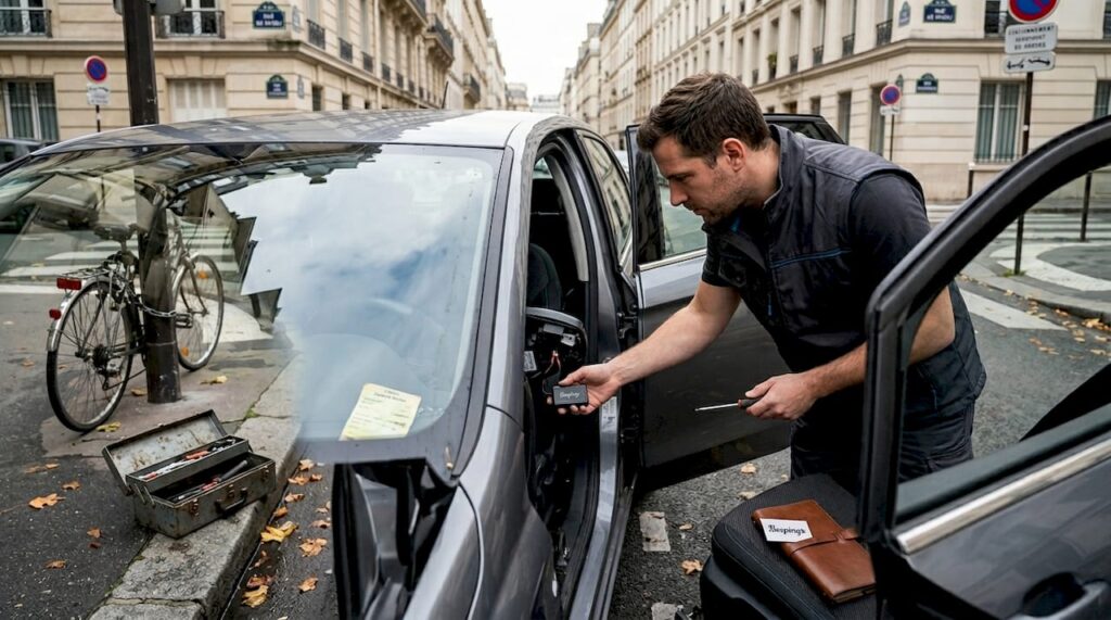 Un technicien procède à l’installation d’un boîtier GPS dans une voiture citadine.