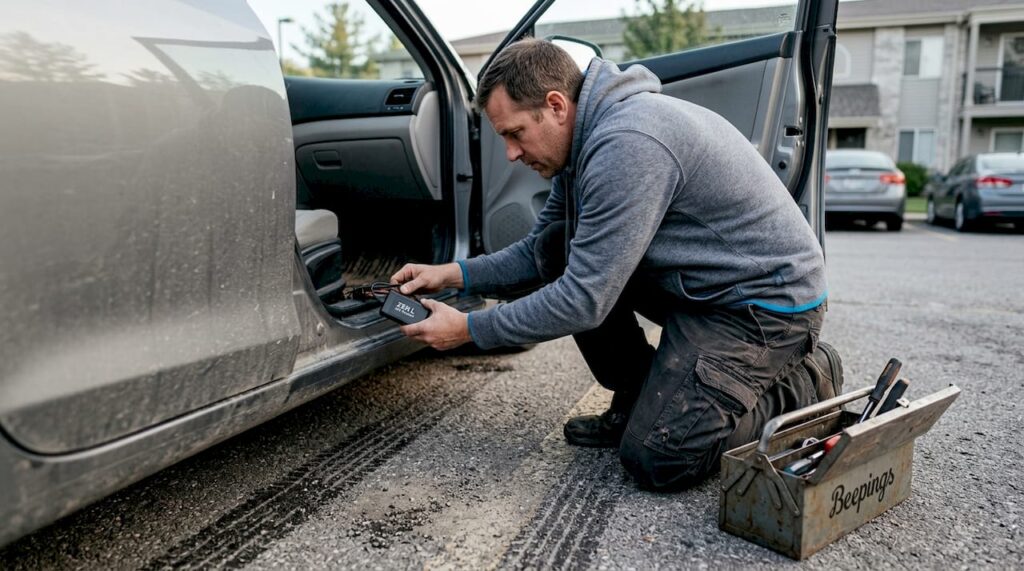Un technicien en train d’installer un système GPS dans une voiture sur un parking.