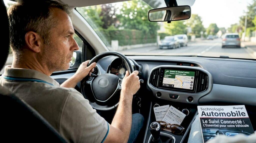 Un homme suit les indications de son GPS en conduisant sur une route de la banlieue.
