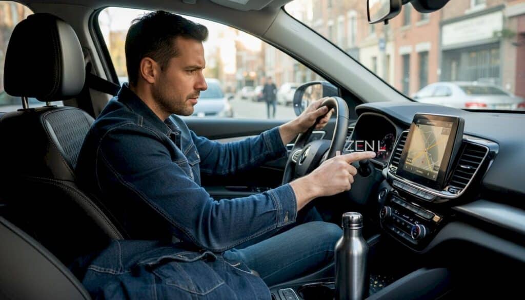 Un conducteur règle le GPS à bord de son véhicule en pleine ville.