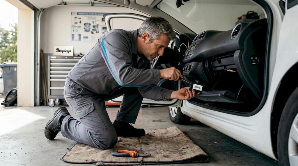 Un technicien procède à l’installation d’un boîtier GPS dans une voiture.