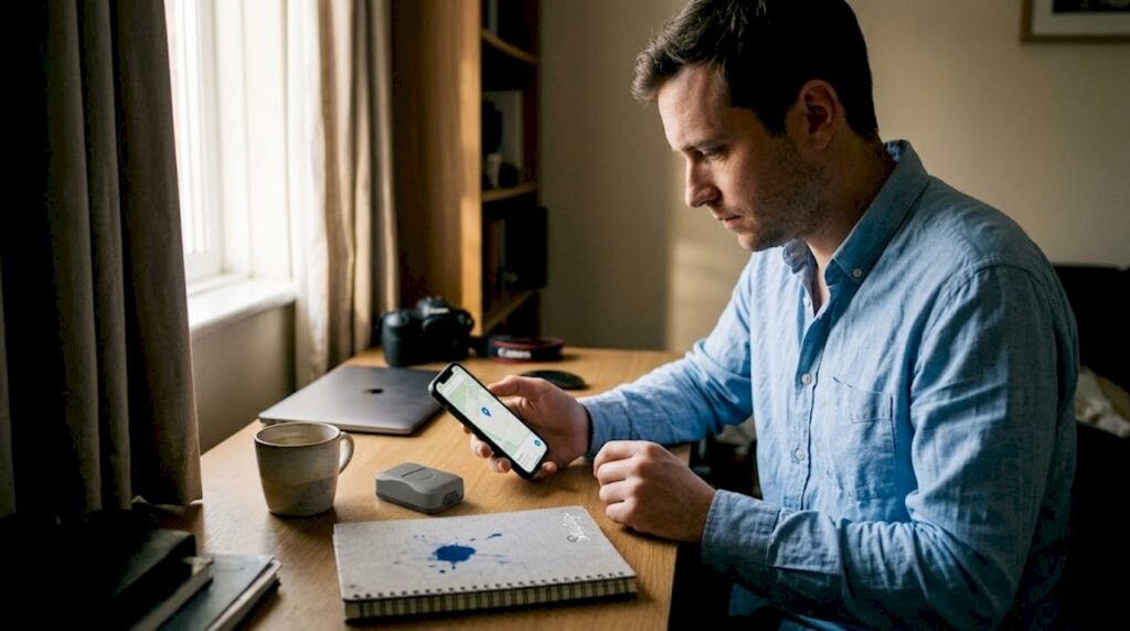 Un homme consulte son application GPS depuis son bureau.
