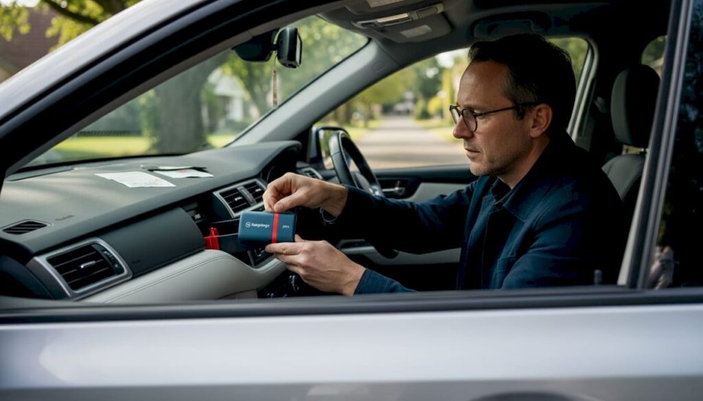 Un homme récupère un GPS dans la boîte à gants de sa voiture.