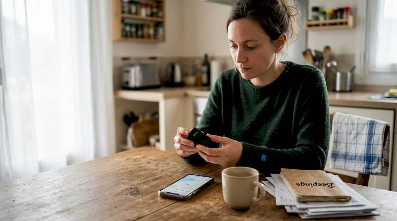 Assise à la table de la cuisine, une femme examine attentivement un traceur GPS.