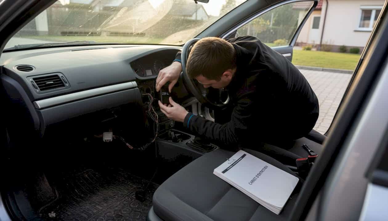 Un technicien installe un boîtier GPS discret entre les sièges d'une voiture.