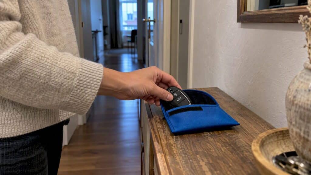 Clé mains libres placée dans une pochette de protection
