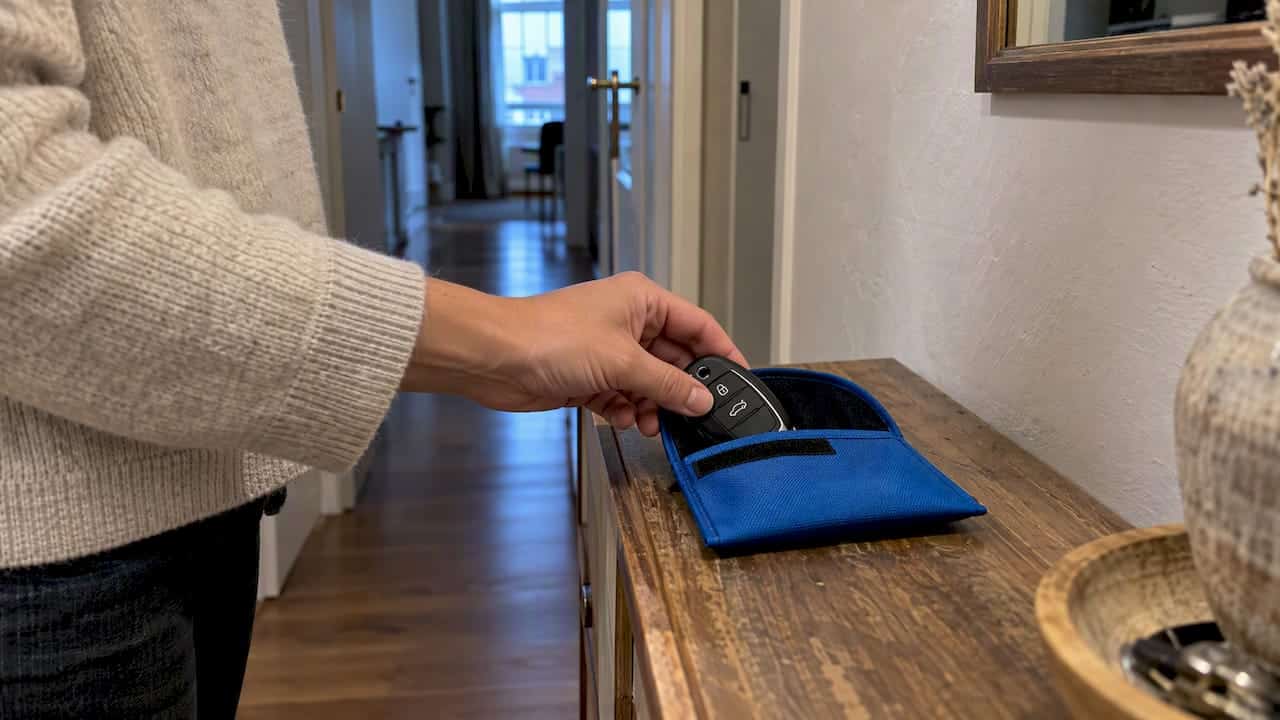 Clé mains libres placée dans une pochette de protection