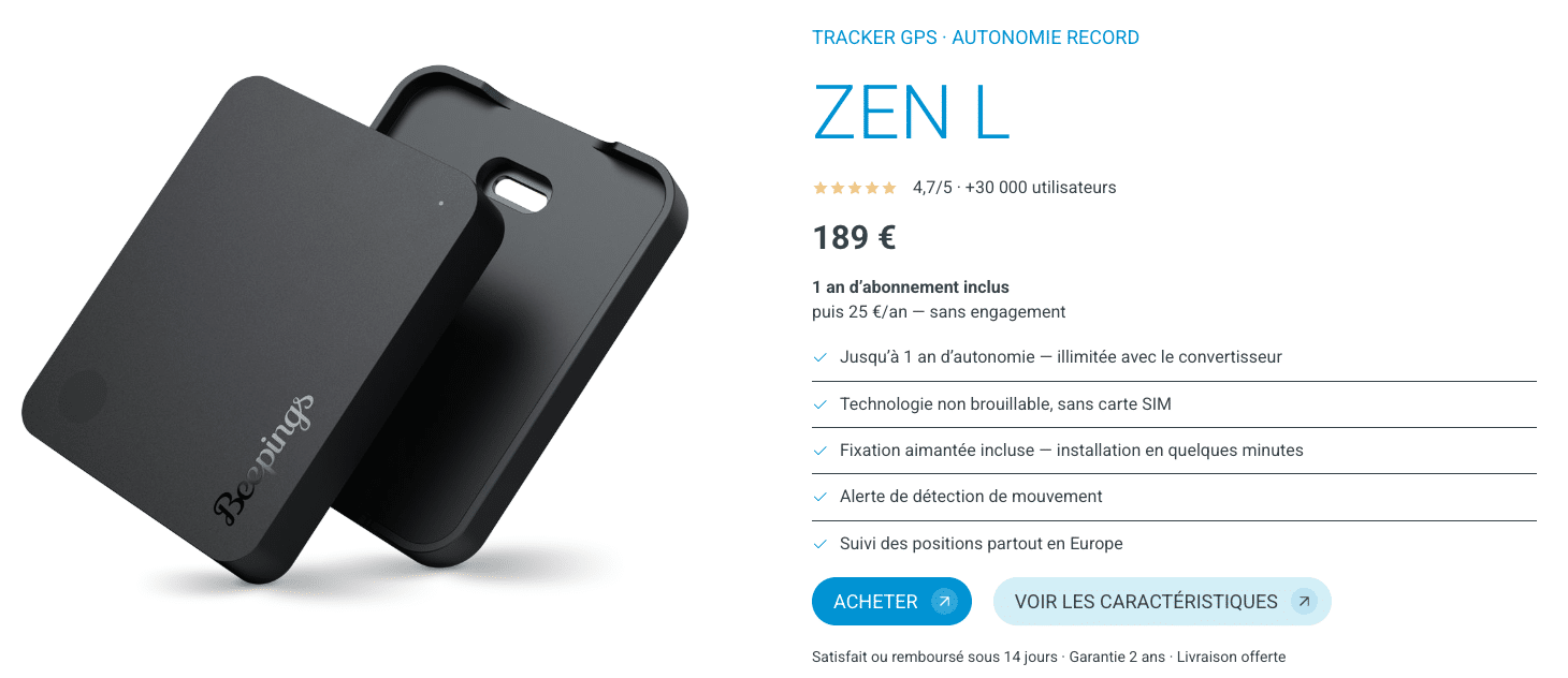 Fiche du tracker ZEN L by Beepings, non brouillable, avec fixation aimantée, pour protéger un SUV